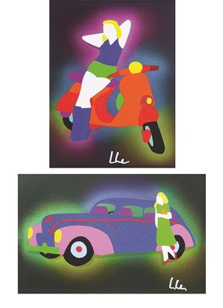 Marco Lodola Dorno 1955 Lotto unico di n. 2 Litografie retouché su carta: cm...