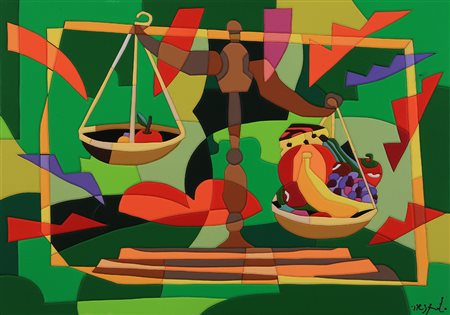 UGO NESPOLO Mosso 1941 "Equilibrio vegetale" Intarsio su legno cm 50 x 70...