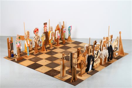 BAJ ENRICO (1924 - 2003) Il gioco degli scacchi. . 1988. Legno. Cm 272,00 x...