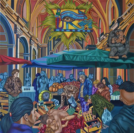 PIETRO LEMBO A new religion: the global market, 2018 olio su tela cm 80x80