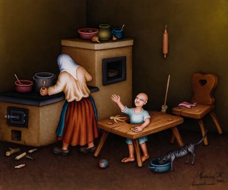 NICOLA VECENAJ LEPORTINOV (1935)Senza Titolo, 1989Olio su vetrocm 30x35Firma...