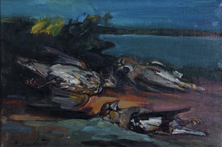 MAGNOLATO CESCO Noventa di Piave 1926 Cacciagione olio su tela 30x45 cm firma...