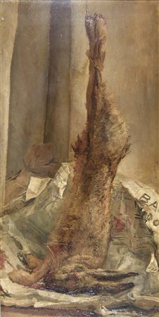 BARBISAN GIOVANNI Treviso 1914 - 1988 Lepre 1962 olio su faesite 99x50 cm...