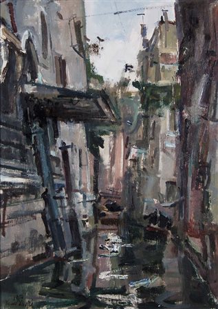 MORI NENO Venezia 1899 - 1968 Rio veneziano 1950 olio su tela 60x45 cm firma...