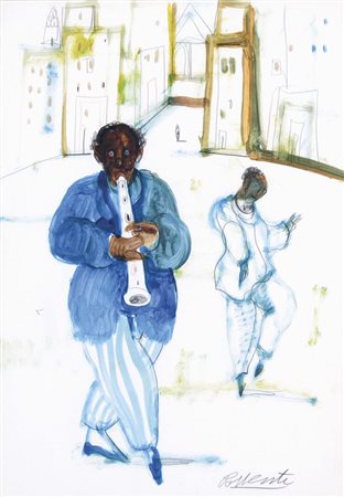 POSSENTI ANTONIO Lucca 1933 Pifferaio tecnica mista su carta 50x35 cm firma...