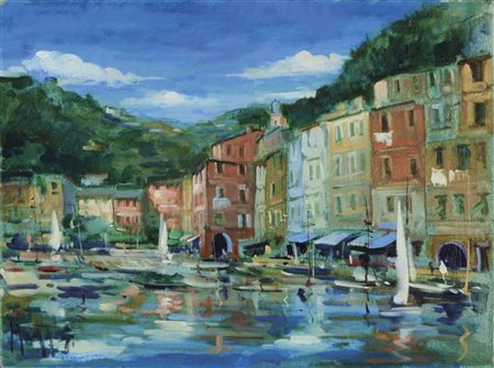 MAGGI GIAMPIETRO Milano 1934 Portofino, il porticciolo olio su tela 30x40 cm...