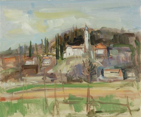 TREVISAN RENATO Noale 1941 Paesaggio olio su tavola 40x48 cm firma in basso a...