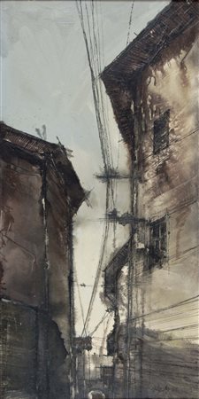 GIAIOTTO GIORGIO Udine 1938 Ferrovia 1963 olio su tela 80x40 cm firma e data...