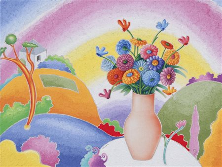 ALINARI LUCA Firenze 1943 Vaso di fiori nel paesaggio acrilici e tecnica...