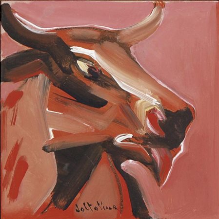 VOLTOLINA LUIGI Valona 1942 Toro acrilici su ceramica 20x20 cm firma in basso...