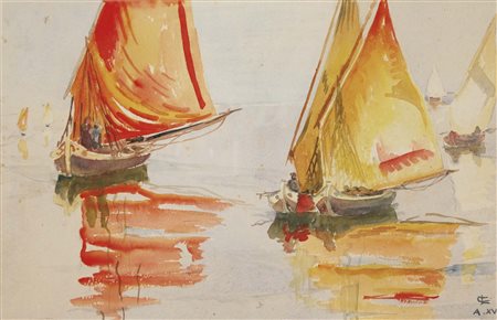 ANONIMO Barche acquerello su cartoncino 30x40 cm sigla non decifrabile in...