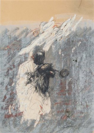 CAZZANIGA GIANCARLO Monza 1930 Suonatore 1966 tecnica mista su carta 42x36 cm...