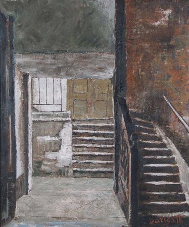 DORIGATTI RENATO Verona 1914 - 1975 La scala olio su tavola 60x50 cm firma in...