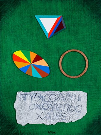 LUCIO DEL PEZZO (1933)LapideCollage, colore acrilico e pigmento metallico su...