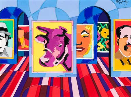 UGO NESPOLO (1941)Pop timeAcrilici su intarsi di legnocm 30x40x4,5Firma al...