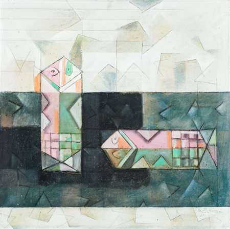 IBRAHIM KODRA (1918-2006)2 pesci, 1968-1969Tecnica mista su tela sabbiatacm...