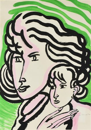 Remo Brindisi MATERNITA' litografia ritoccata a mano (retouchè), cm 70x50 sul...