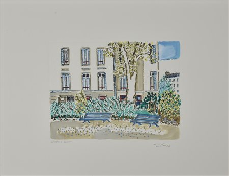 Orfeo Tamburi PANCHINE A PARIGI incisone colorata a mano, cm 45x60 (lastra cm...