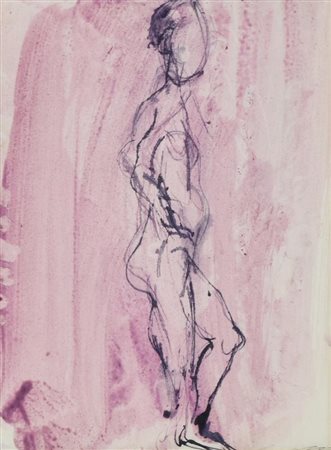 Ernesto Treccani NUDO acquerello e china su carta applicata su tela, cm 28x22...