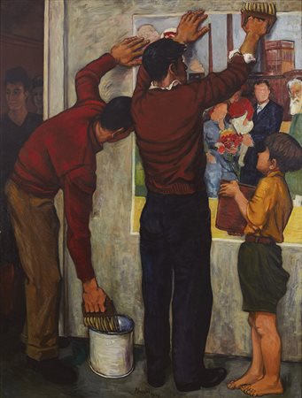 Gabriele Mucchi 1899 - 2002 Gli attacchini, 1953 Olio su tela 140.5 x 106 cm...
