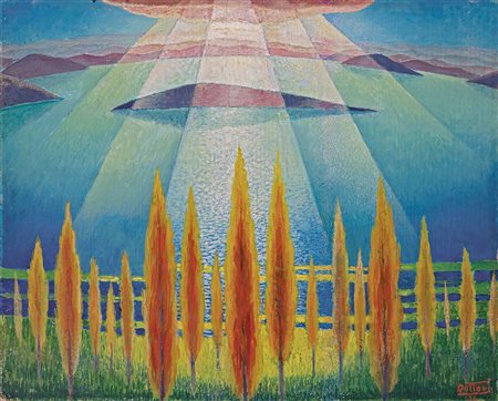 Gerardo Dottori 1884 - 1977 Tramonto sul Trasimeno, 1936 Tempera su tavola 44...