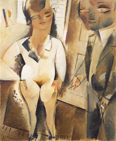 Alberto Manfredi 1930 - 2001 Modella e pittore, 1973 Olio su tela 60 x 50 cm...