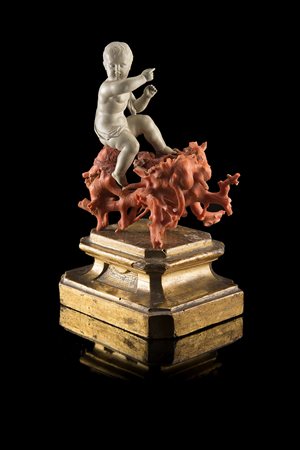 Arte sorrentina. Composizione in pietra lavica e corallo raffigurante un...