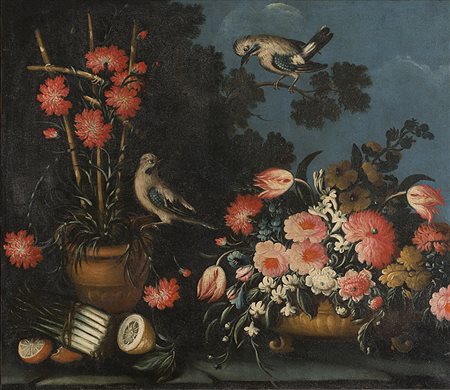 Scuola lombarda del secolo XVIIINatura morta con fiori e uccelliniOlio su...