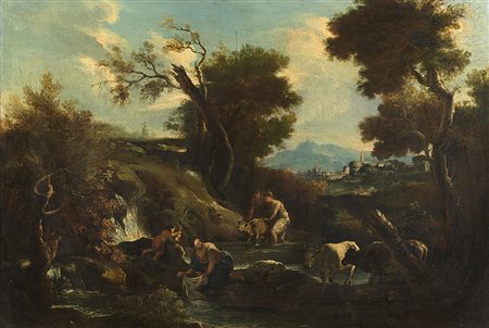 Maestro veneto del secolo XVIIIPaesaggio agreste con figureOlio su tela cm...