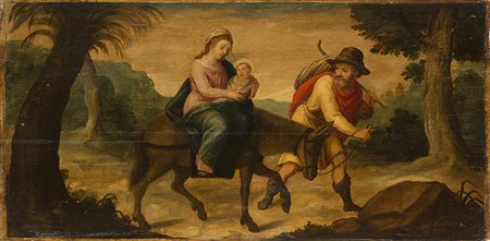 Scuola italiana del secolo XVIFuga in EgittoOlio su tavola cm 45x92In cornice...