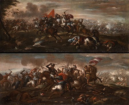 Scuola italiana del secolo XVIIScena di battaglia con castello sullo...