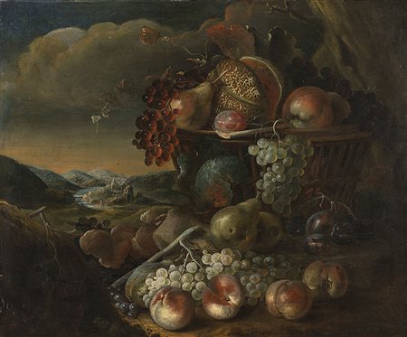 Scuola francese del secolo XVIIINatura morta di frutta con paesaggio sullo...