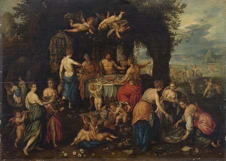 Scuola fiamminga del secolo XVII Jan Van Kessel, copia da Banchetto degli dei...