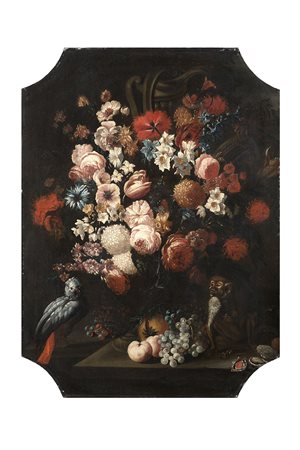 Scuola del secolo XVIIINatura morta con fiori, frutta, scimmia e...