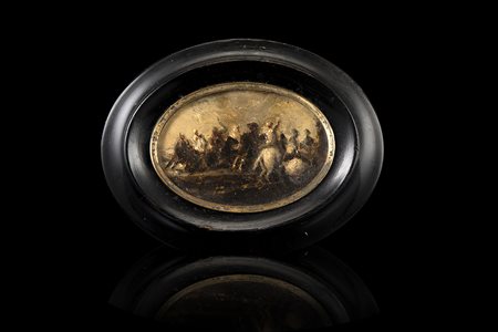 Scuola del secolo XVIIIScena di battagliaOlio su rame ovale cm 6x8,8 circaIn...