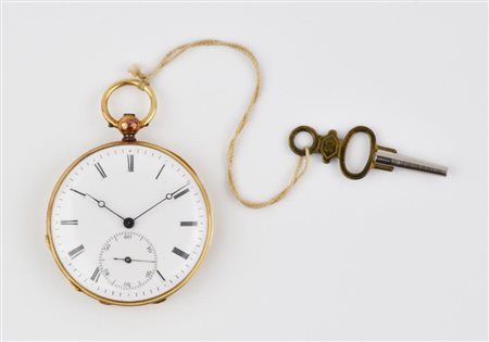 OROLOGIO DA TASCHINO, ANONIMO SVIZZERO, IN ORO 18 K E SMALTI CASSA: cesellata...