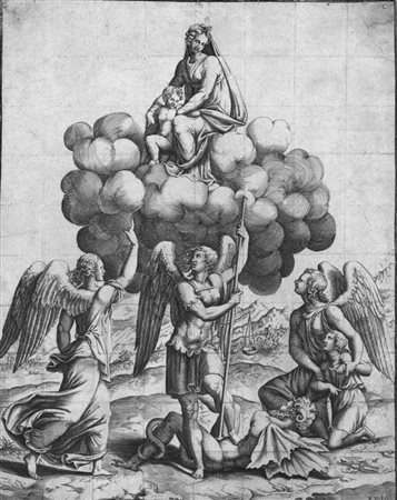 Diana Scultori TRE ARCANGELI ADORANO LA VERGINE Bulino. mm 340x267 Bellini,...