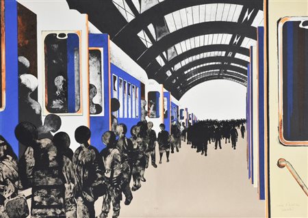 Dino Boschi I PENDOLARI. 1970 Litografia a colori. mm 470x650. Prova...