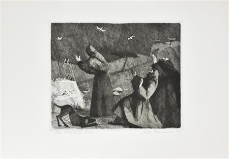 Paolo Manaresi PREDICA AGLI UCCELLI. 1951 Acquaforte. mm 295x365. Foglio:...