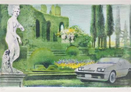 Mario Fallani RENDEZ - VOUS À FLORENCE. 1976 Litografia a colori. mm 440x750....