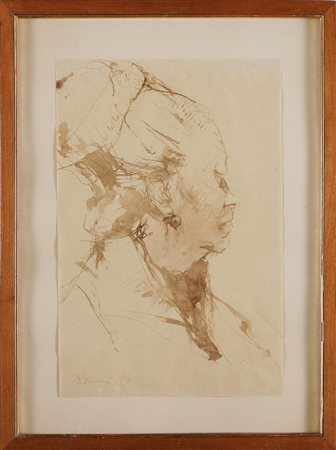 RUMI DONNINO (1906 - 1980) Ritratto di donna di profilo. China su carta. Cm...
