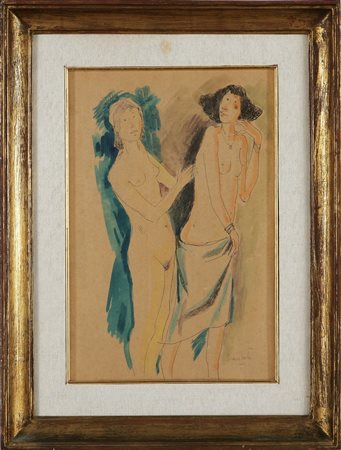 LUIGI BRAMBATI (1925 - 1983) Due figure. Tecnica mista su carta intelata, cm...
