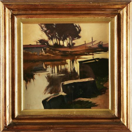 MAIFREDI AGOSTINO La marina. Viareggio, canali per i pescatori. Olio su...