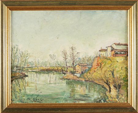 DOLCI MARTINO (1912 - 1944) Stagno e case. Olio su cartone pressato, cm...