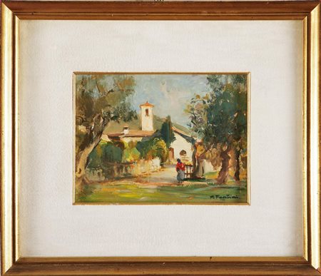 FANTINI P. Chiesetta e personaggio. Olio su tela, cm 27x20. Firma in basso a...
