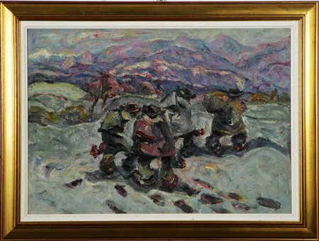 MUCCHETTI TANCREDI (n. 1932) Contadini. 1995 Olio su tela, cm 70x49. Al retro...