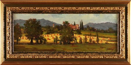 MERIGO G. Estate-Paesaggio con i rotoloni. Olio su tela, cm 80x30. Firma in...