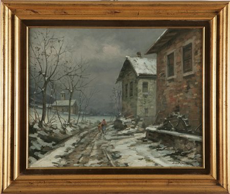 DECCA DINO (1935 - 2005) Inverno verso Caino. Olio su tela di juta, cm 50x40....