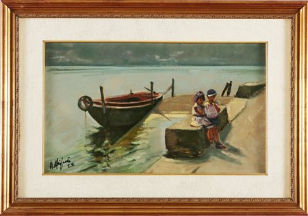 MAIFREDI AGOSTINO Bimbe in riva al lago. Olio su cartone pressato, cm 50x30....