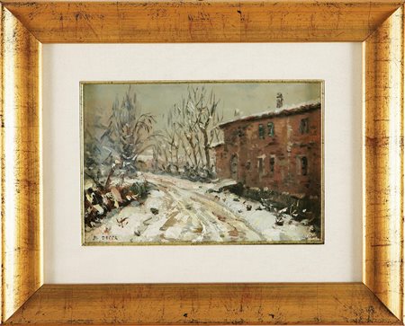 DECCA DINO (1935 - 2005) Inverno con strada e casa. Olio su compensato, cm...
